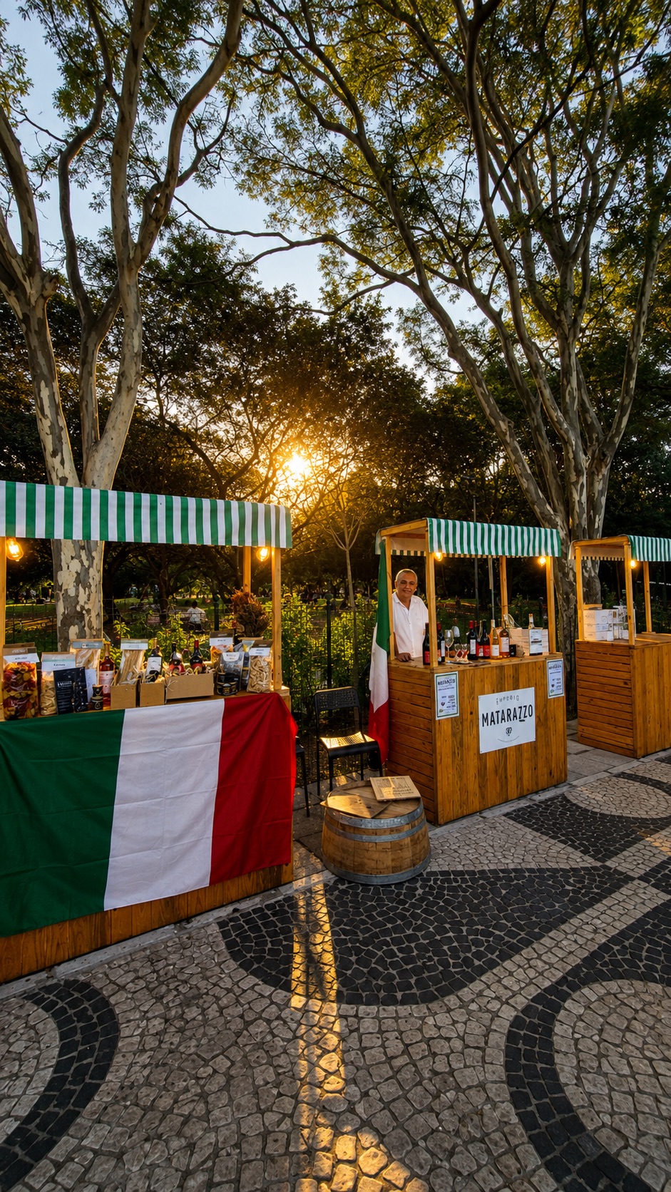 Estandes de ativação iluminados ao entardecer com produtos expostos